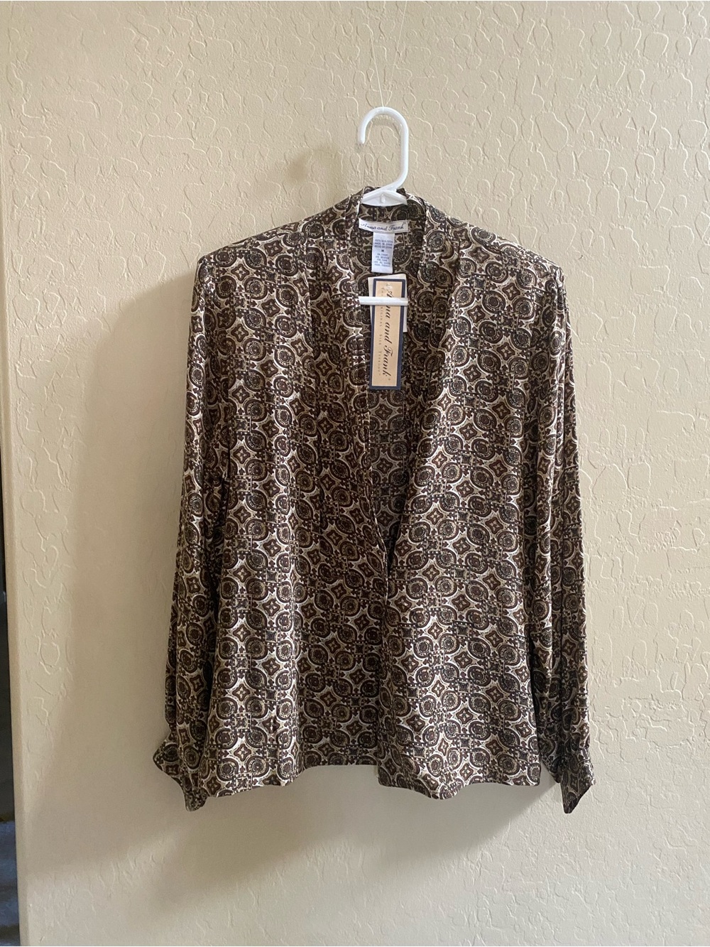 100% washable silk Open-Front Brown Medallion Blouse